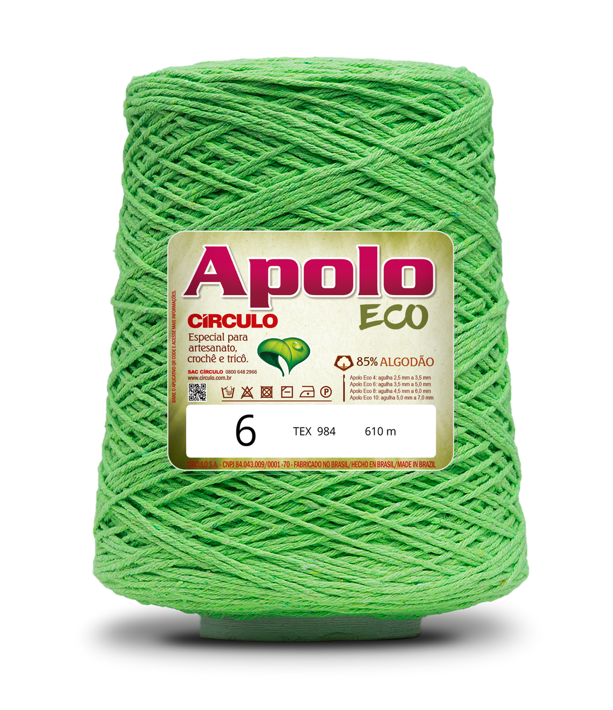 Apolo Eco 4/6 Cotton Cord Yarn – Ideal for Crochet Bags & Home Decor (600g) - Leo Hobby - A cone of bright green sewing thread with a white and red Apolo Circulo Eco label, set against a plain white background.