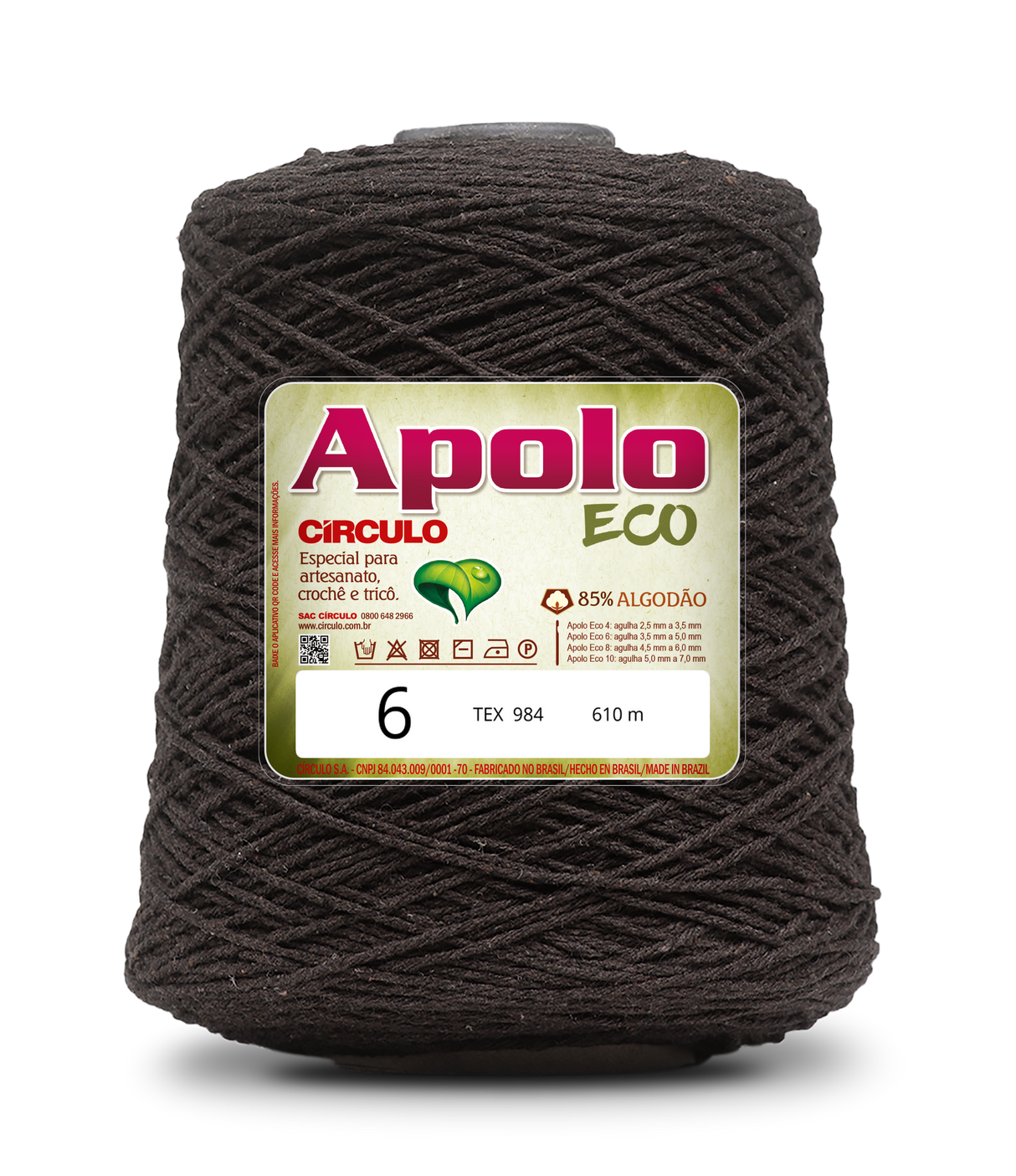 Apolo Eco 4/6 Cotton Cord Yarn – Ideal for Crochet Bags & Home Decor (600g) - Leo Hobby - A large spool of dark brown yarn with a green and white label reading 'Apolo ECO 6' photographed on a clean white background.