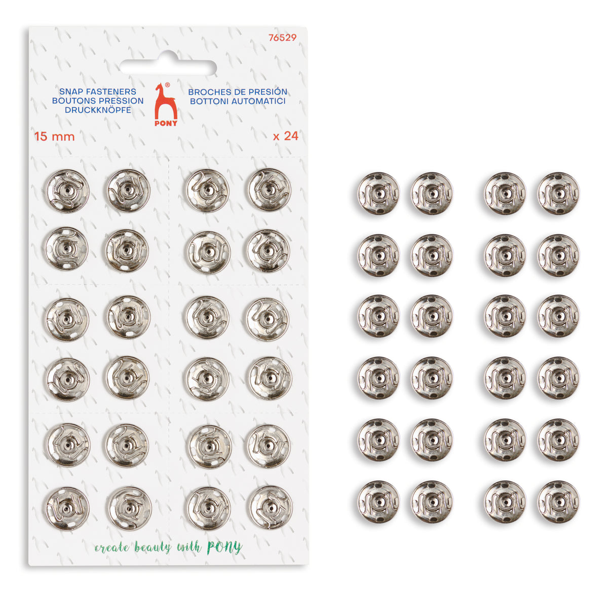 Pony Snap Fasteners, Nickel, No. 7 – 15 mm / 24 pcs
