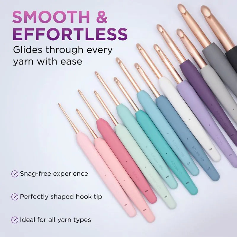 KnitPro VYBE ergonomic crochet hook design with aluminium tip and rubber handle