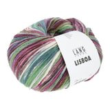 Lang Yarns Lisboa yarn, Plum/Fuchsia/Petrol/Olive, colour 0002, ball photograph