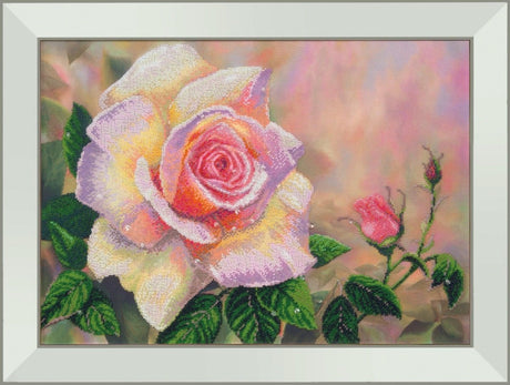 Completed bead embroidery of the Gloria Dei rose from the Charivna Mit kit, showcasing vibrant colors and intricate detail.