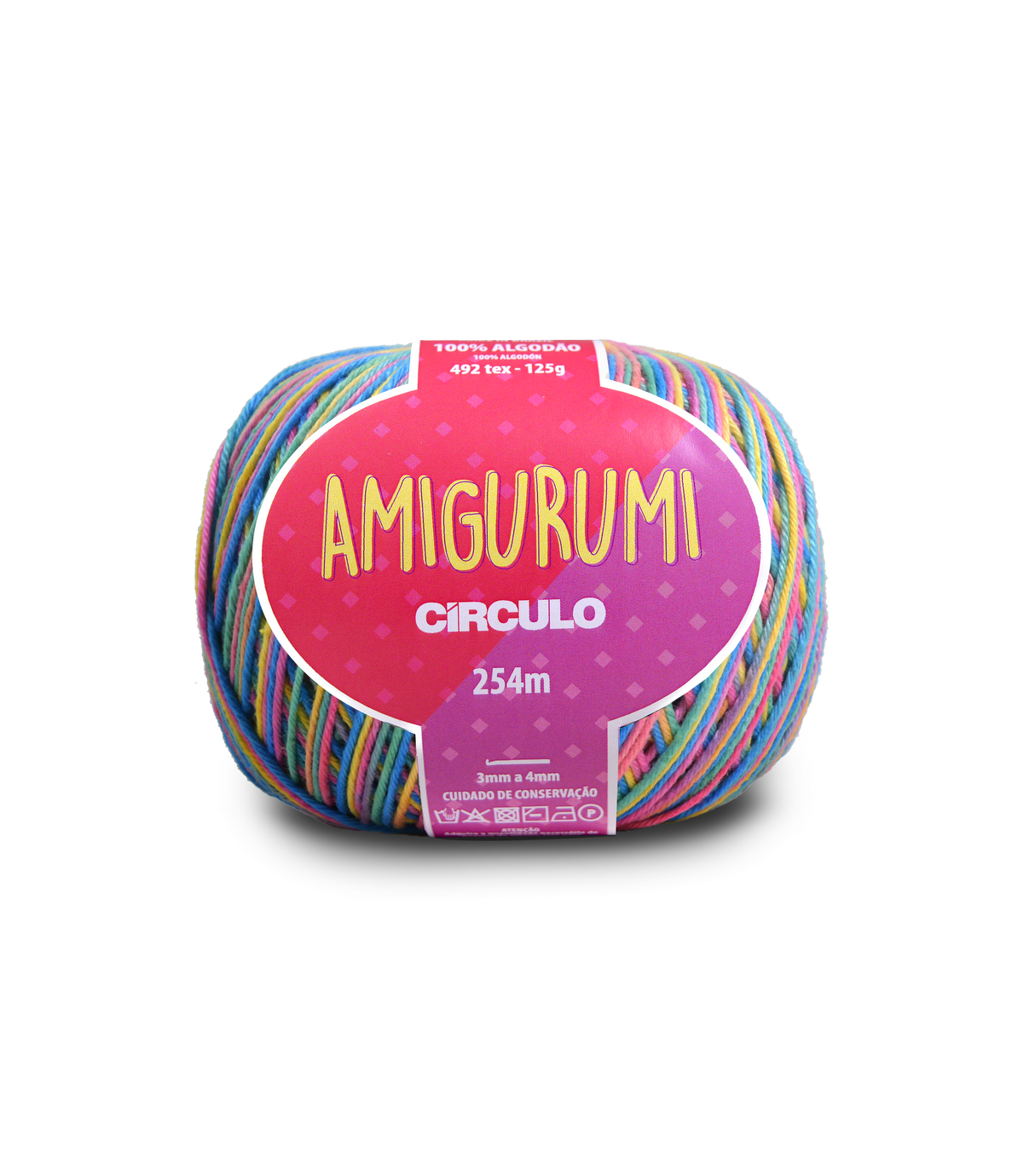 A ball of Amigurumi Circulo yarn by Amigurumi, featuring a vibrant multicolor striped pattern with a prominent pink and purple label.
