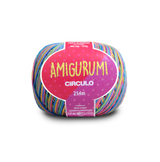 Multicolored ball of yarn with 'Amigurumi' label on a white background
