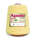 Apolo Eco 4/6 Cotton Cord Yarn – Ideal for Crochet Bags & Home Decor (600g) - Leo Hobby - A large cone of Apolo ECO yarn in pale yellow, featuring a white and green label with product details, set against a plain white background.