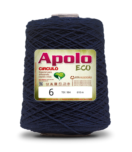 Apolo Eco 4/6 Cotton Cord Yarn – Ideal for Crochet Bags & Home Decor (600g) - Leo Hobby - A single large cone of Apolo ECO yarn in a deep navy blue color, featuring a white and green product label on the front.
