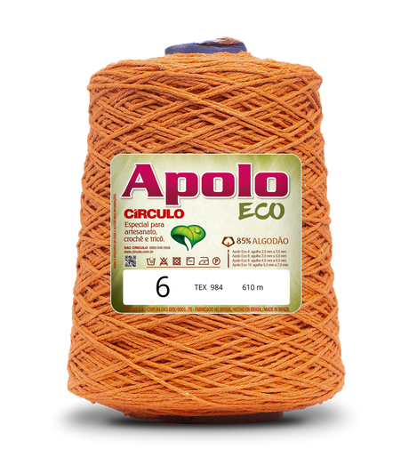 Apolo Eco 4/6 Cotton Cord Yarn – Ideal for Crochet Bags & Home Decor (600g) - Leo Hobby - A cone of orange wool yarn with a white and green Apolo Circulo Eco label, isolated on a white background.