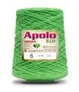 Apolo Eco 4/6 Cotton Cord Yarn – Ideal for Crochet Bags & Home Decor (600g) - Leo Hobby - A cone of bright green sewing thread with a white and red Apolo Circulo Eco label, set against a plain white background.