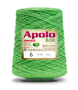 Apolo Eco 4/6 Cotton Cord Yarn – Ideal for Crochet Bags & Home Decor (600g) - Leo Hobby - A cone of bright green sewing thread with a white and red Apolo Circulo Eco label, set against a plain white background.