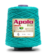 Apolo Eco 4/6 Cotton Cord Yarn – Ideal for Crochet Bags & Home Decor (600g) - Leo Hobby - A large cone spool of turquoise blue-green yarn with a gold and white label reading 'Apolo ECO' and 'size 6', photographed on a white background.