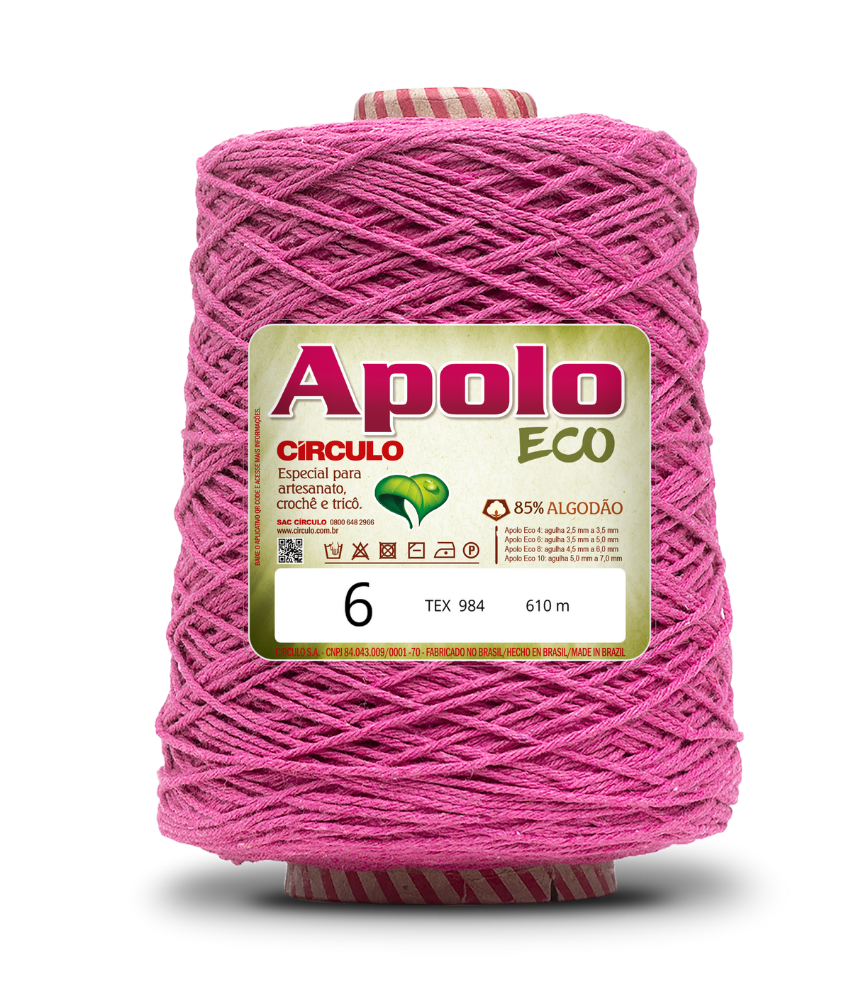 Apolo Eco 4/6 Cotton Cord Yarn – Ideal for Crochet Bags & Home Decor (600g) - Leo Hobby - A large cone of pink crochet thread with a white and red striped top and bottom, featuring a green and gold label with the brand 'Apolo' and product details, isolated on a white background with a soft shadow.