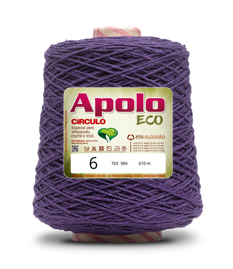 Apolo Eco 4/6 Cotton Cord Yarn – Ideal for Crochet Bags & Home Decor (600g) - Leo Hobby - A spool of purple yarn with a white and green label reading 'Apolo ECO' and size '6', isolated on a white background.