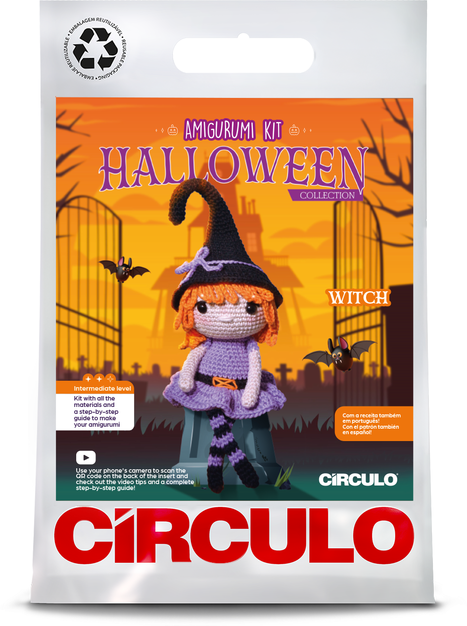Circulo Amigurumi Kit Halloween Collection - Crochet Kit - Witch -Circulo Halloween-themed crochet kit packaging with a witch design on an orange background.