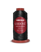 Circulo Cordone 100% Polyamide Crochet Yarn, 450 m / 100 g - Spool of black thread with a red label on a white background
