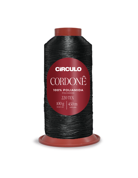 Circulo Cordone 100% Polyamide Crochet Yarn, 450 m / 100 g - Spool of black thread with a red label on a white background