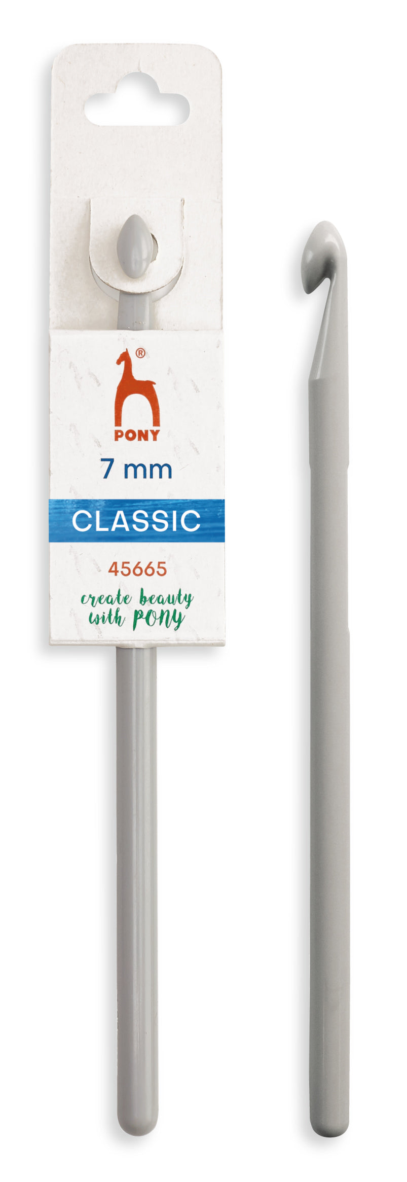 A 7 mm crochet hook in its original white retail packaging, shown alongside the uncapped hook on a plain white background. The hook is silver-colored metal with a curved tip, and the packaging features the brand name 'Pont' and the text '7 mm CLASSIC'.