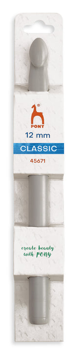 Pony Classic Plastic Crochet Hooks – 17 cm - A 12 mm classic pointed crochet hook by Port, shown in its original retail packaging card. The hook is a light gray plastic, and the packaging features the Port logo and branding.