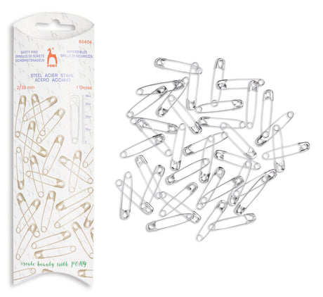 A pack of silver safety pins shown next to their white cardboard packaging on a plain white background.