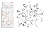 A pack of 72 silver steel safety pins shown next to their white retail packaging card on a plain white background.